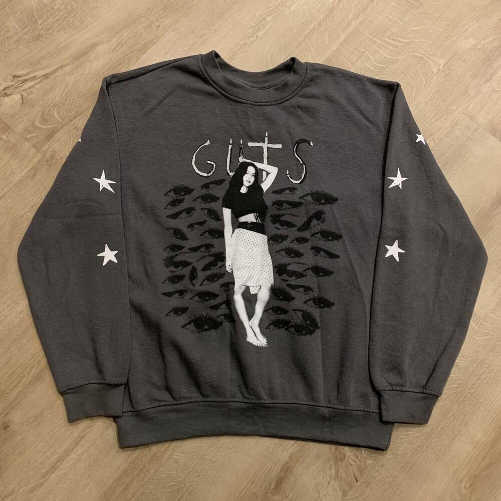 Olivia Rodrigo Guts Sweatshirt Women's XL Gray Crewneck Stars Eyes World Tour
